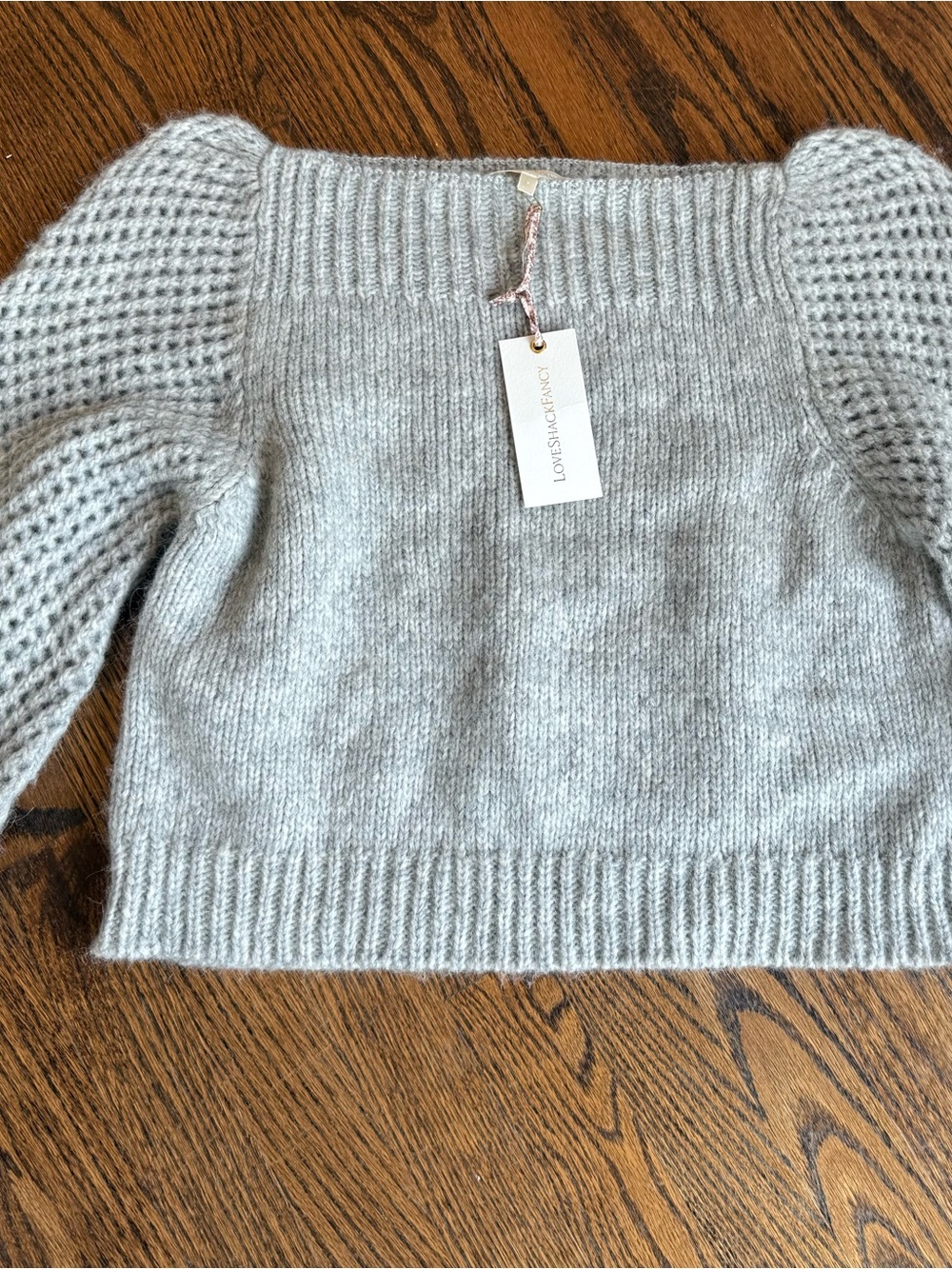 LoveShackFancy Light Gray Off-Shoulder Puff-Sleeve Sweater